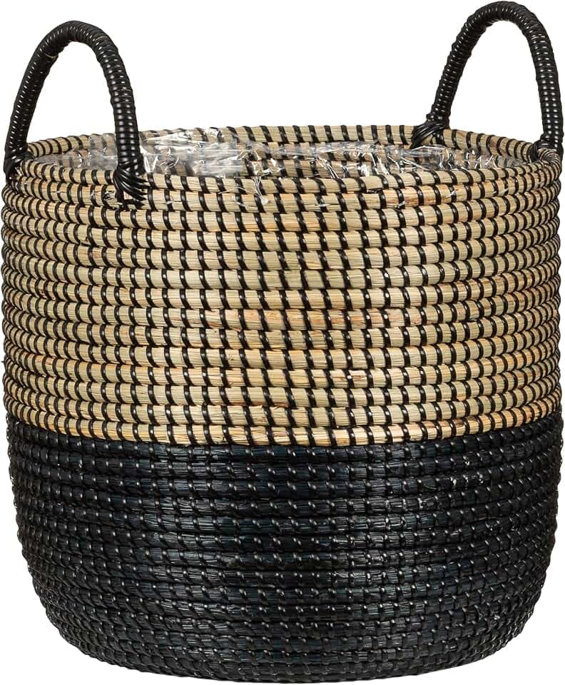 Scheurich Seegras 39, Korbgefäß/Korb-Pflanzgefäß/Korbtopf mit Griffen aus Seegras Farbe: Nature Black, 39 cm Durchmesser, 34 cm hoch, 38,6 l Vol.