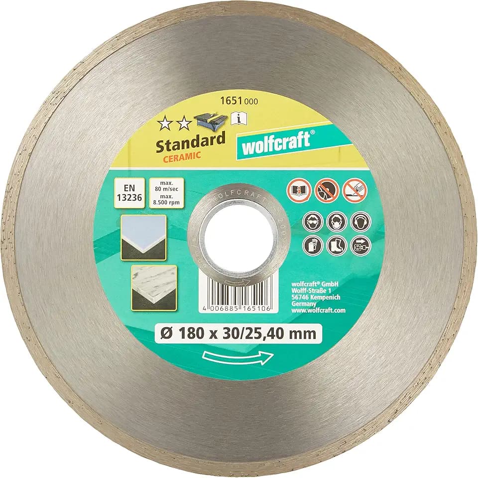 wolfcraft Diamant-Trennscheibe Standard Ceramic Ø 180 I 1651000 I mm für Stationärmaschinen I Fliesen und Feinsteinzeug I saubere Schnitte I gesintert