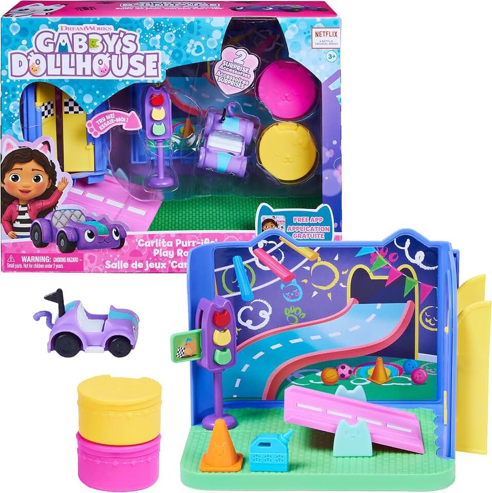 Gabby's Dollhouse Deluxe Raum mit Carlita, ab 3 Jahren | 2 Möbelstücke | 2 Überraschungsboxen | Funktionierende Ampel | QR-Code für App-Belohnung | Erweiterbar