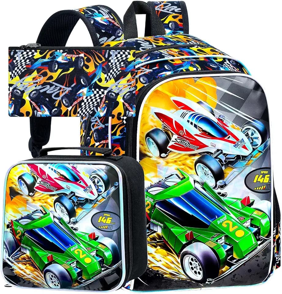 WZLVO 3PCS Race Car Preschool Backpack, 16" Cool UV Printing Boys Bookbag/School Bag with Lunch Box & Pencil Bag for Elementary - 2 * Race Car