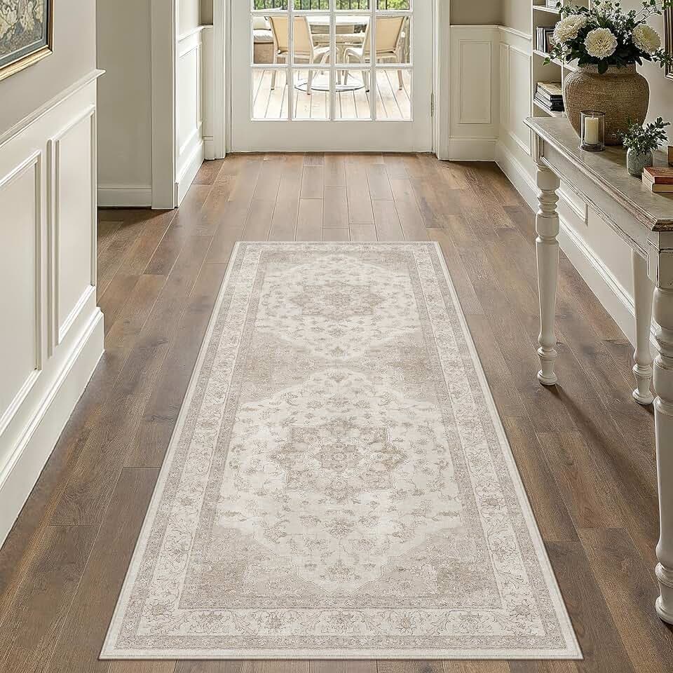 PureCozy Beige 2x5 Washable Runner Rug Vintage Oriental Medallion Carpet