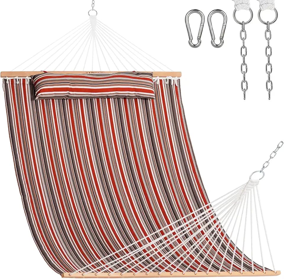 Lazy Daze Hammocks 12FT Quilted Fabric Double Hammock with Hardwood Spreader Bar, Detachable Pillow and Carabiners for Outside, 2 Person Hammock for Outdoor, 450LBS Capacity, Red Brown