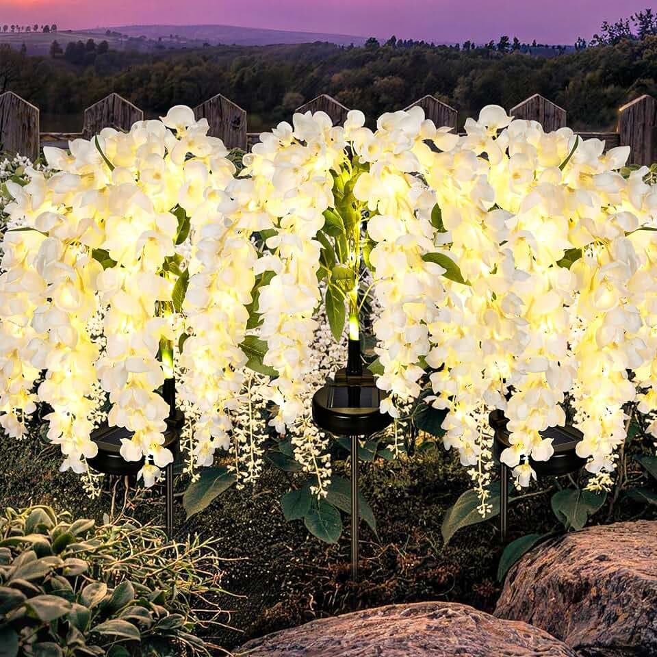 GIGALUMI 3 Pack Solar Wisteria Flowers Outdoor, 2 Modes, White