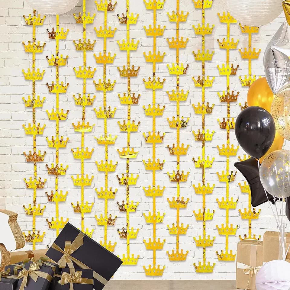 Menstarsi King Crowns Foil Fringe Curtains, Gold Crown Backdrop, 2 Pack