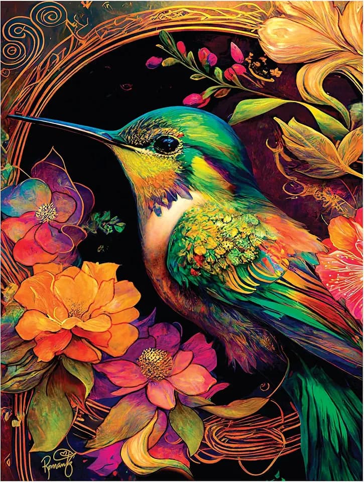 550 Piece Puzzle for Adults – Hard, Difficult, Challenging Jigsaw – RomantzArt Small and Mighty III – Whimsical Hummingbird – 24x18 Inches