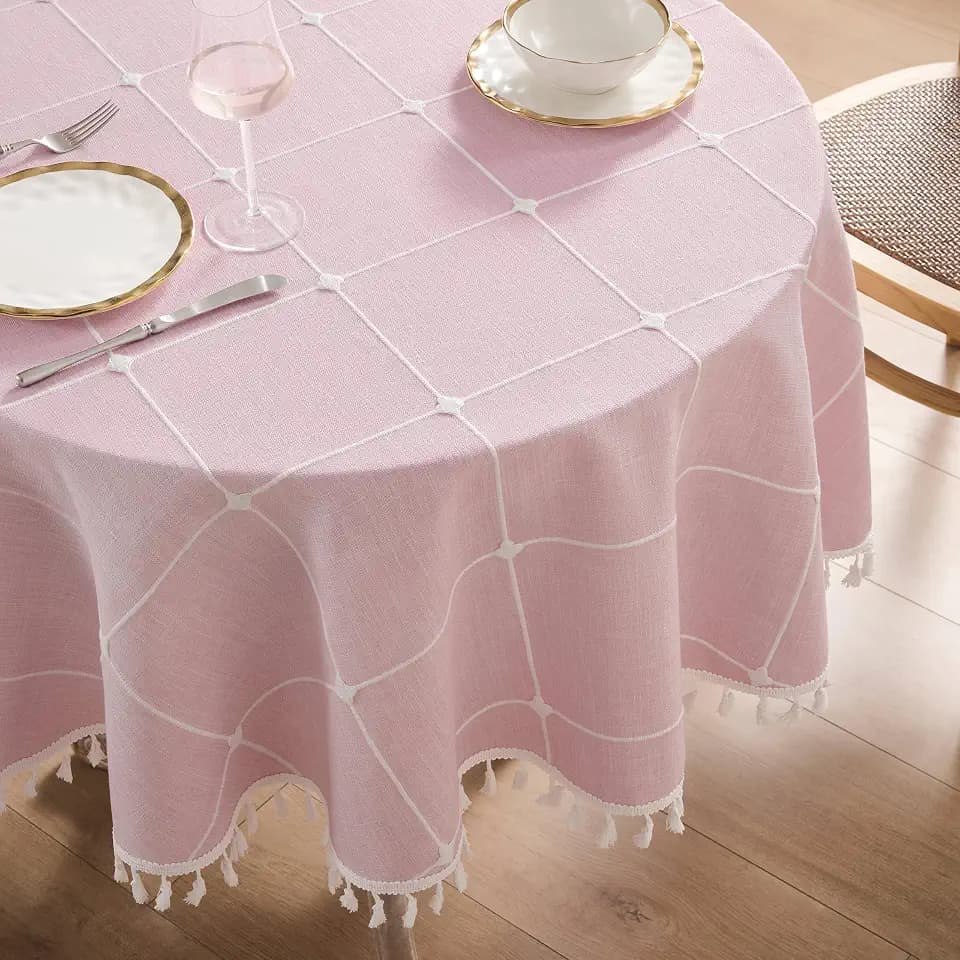 ZeeMart Boho Round Grid Tablecloth with Tassels, Pink 52in