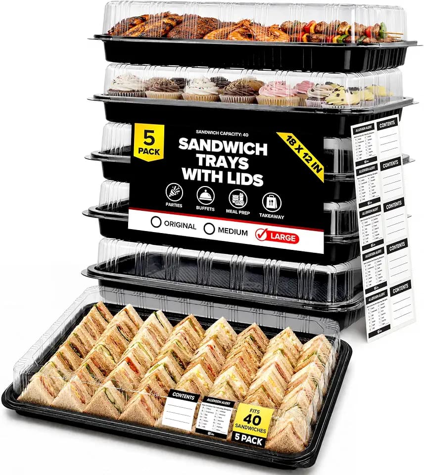 5 Pack Catering Trays with Lids – 17" Serving Tray with Lid, Heavy Duty Recyclable Plastic Party Platters for Catering, Buffet, Picnics & Events – Food Trays with Clear Lid (17.72 x 12.20 x 2.95 inch)