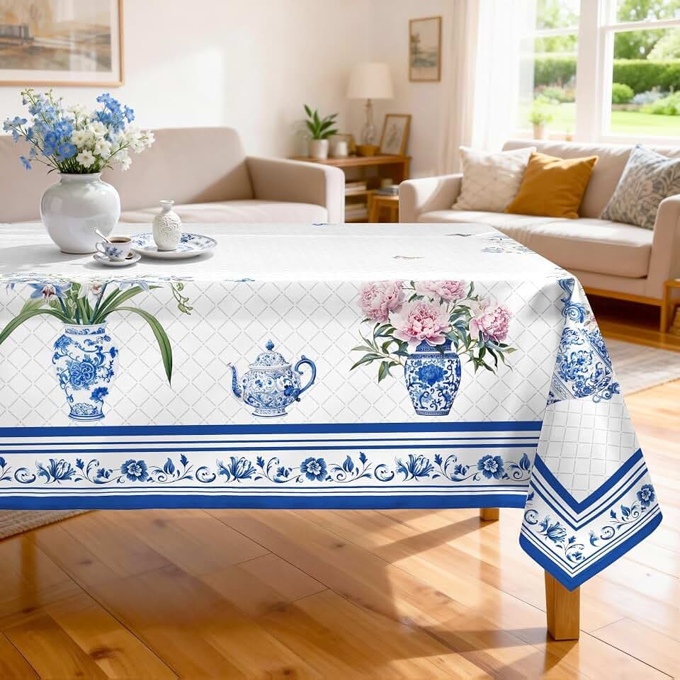 Blue Vase Floral Tablecloth 55 x 70 Inch Rectangular