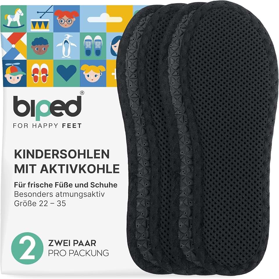 biped 2 Paar Kinder Aktivkohle Einlegesohlen - Hygienische Frische für sämtliche Schuharten, Sneaker und Gummistiefel - Einlagen gegen Schweißfüße – Waschbar z2769