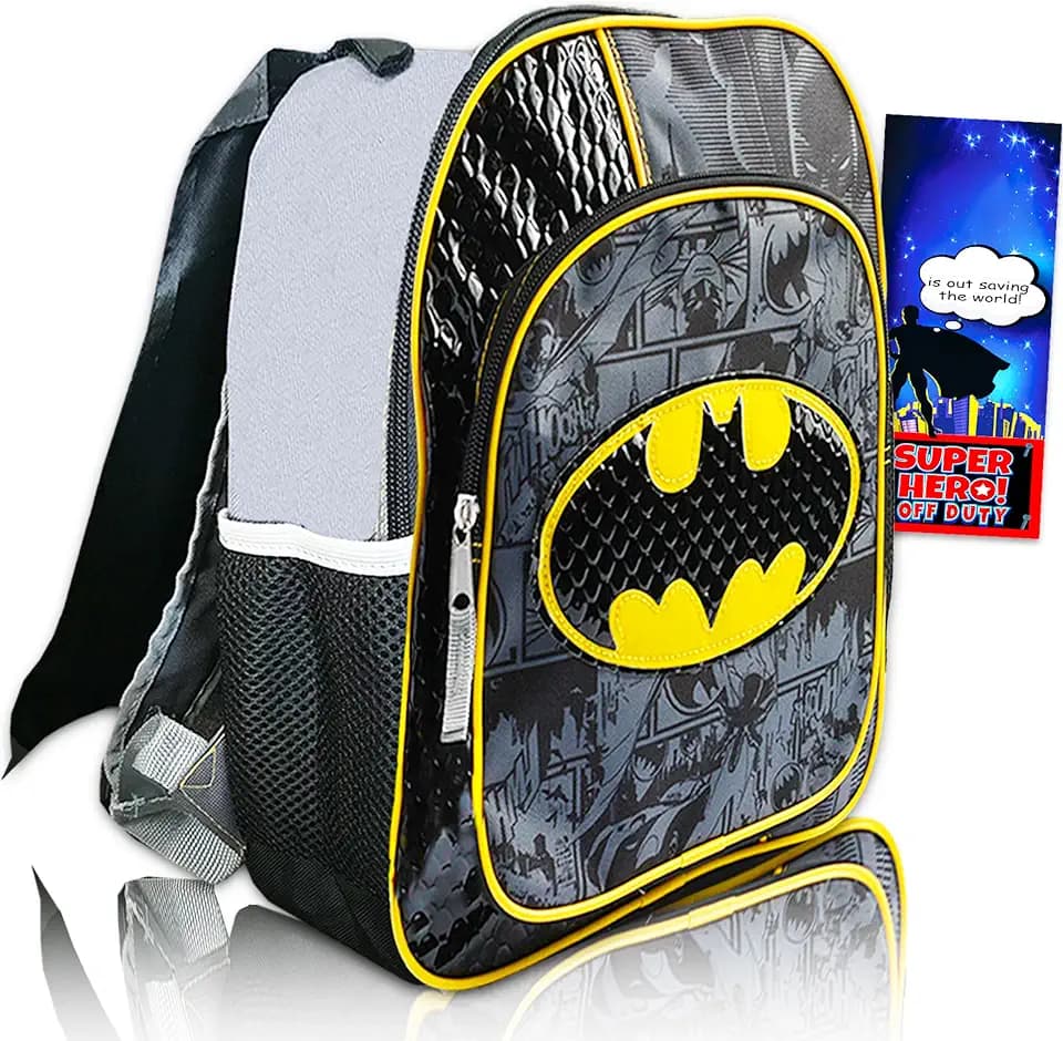 Batman Backpack for Preschool Toddlers ~ Deluxe 12" Batman Mini Backpack for Boys Kids (Batman School Supplies Bundle, Backpack and Door Hanger))