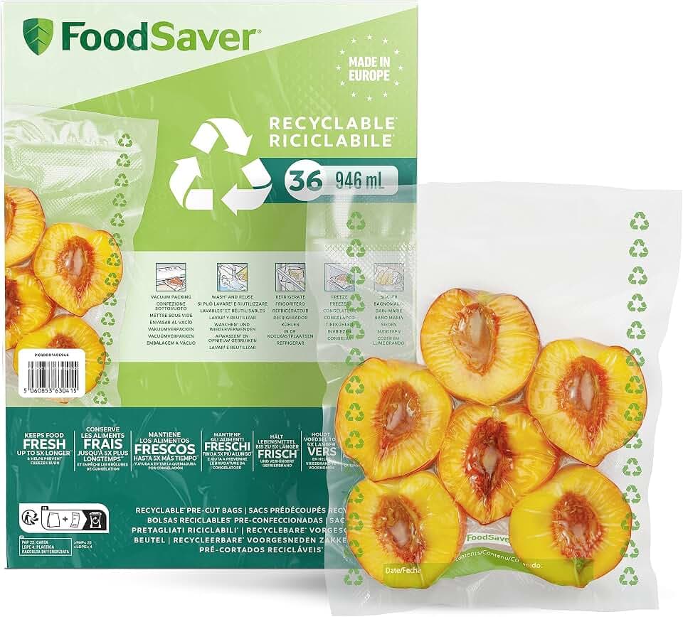 FoodSaver Vakuumierbeutel | recycel- und wiederverwendbare Lebensmittelbeutel | halten Lebensmittel bis zu 5x länger frisch | BPA-frei | 36 Beutel für Gefrierschrank und zum Garen (20cm x 2 cm; 0,94l)