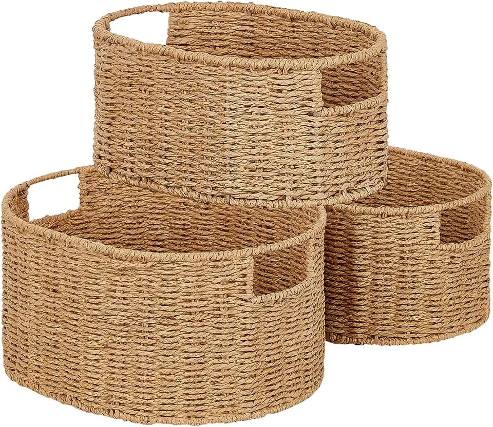 Vagusicc Wicker Storage Basket, Set of 3 Hand-woven Storage Baskets for Organizing, Round Large Wicker Baskets for Storage Decor, Pantry Storage Cubes Organization Baskets for Shelves, Natural