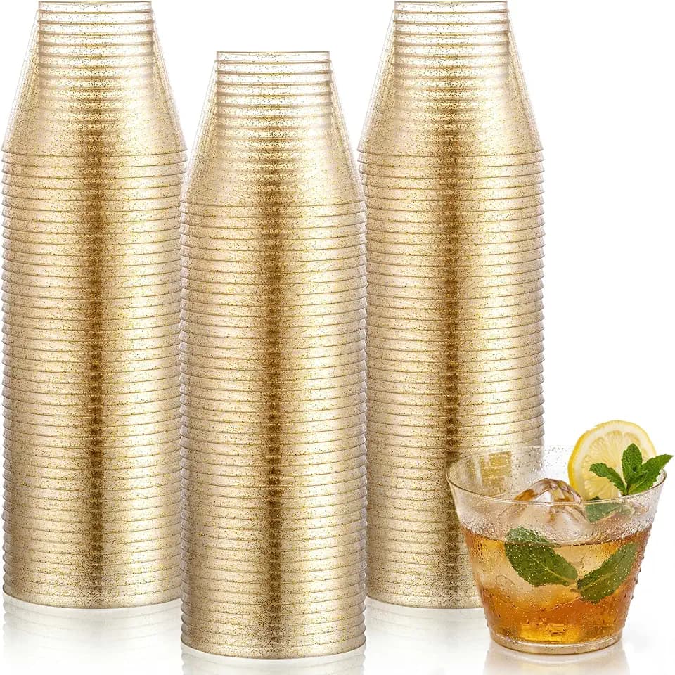 Hioasis Gold Glitter Cups, 200 Pack, 9oz, Disposable Party Cups