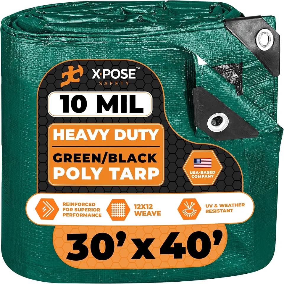 Heavy Duty Poly Tarp 30 Feet x 40 Feet 10 Mil Thick Waterproof, UV Blocking Protective Cover - Reversible Green and Black - Laminated Coating - Grommets - by Xpose Safety