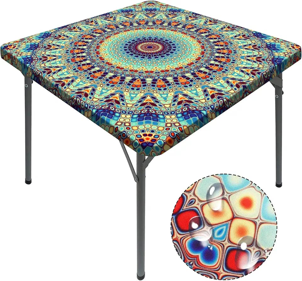 Buwuta Square Tablecloth with Elastic Waterproof Outdoor Card Table Cover Fitted Table Cloth Fit 34x34 Inch Kitchen Patio Dinning (Teal, S (34"x34"))