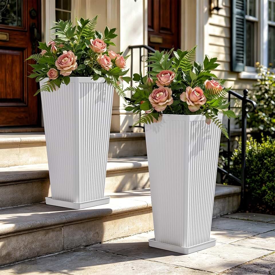 24" Tapered Tall Planters for Outdoor Plants with Tray&Shelf, White