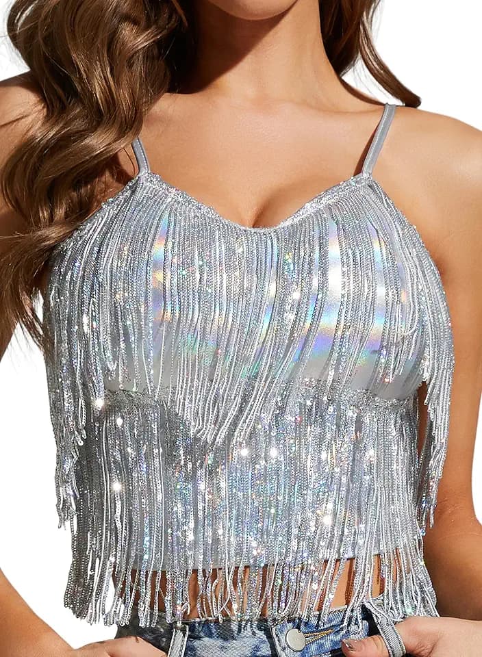 Women Sexy Silver Shiny Metallic Festivals Rave Fringe Sequin Crop Tops (Medium, Silver)