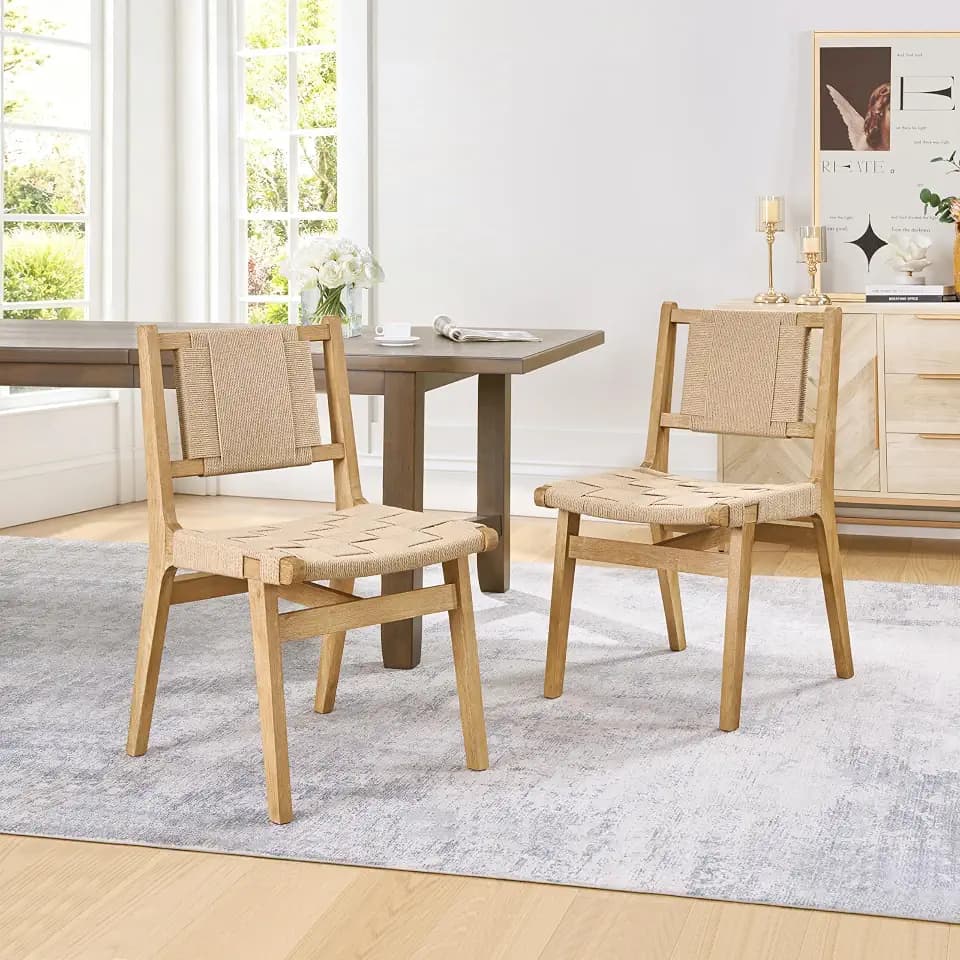 Christopher Knight Home Bette Rubber Wood Armless Dining Chairs Set of 2, Kitchen Side Chairs with Woven Rope Backrest & Seat, Modern Dining Room Chair, Extra Seat for Living Room, Beige+Natural
