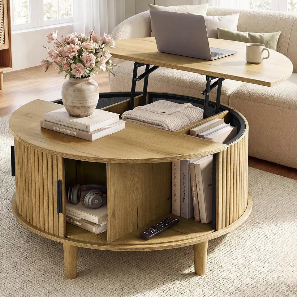 VASAGLE Round Coffee Table, Lift Top Coffee Table with Tambour Sliding Door