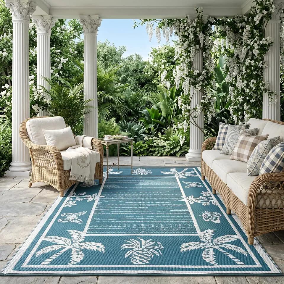 Garvee Outdoor Rug 8x10 Waterproof for Patios, Reversible Plastic Straw Rug, Tropical Leaf Indoor Outdoor Rugs, Large Area Rug for RV, Camping, Deck, Picnic Mat, Outside Carpet, Blue/White