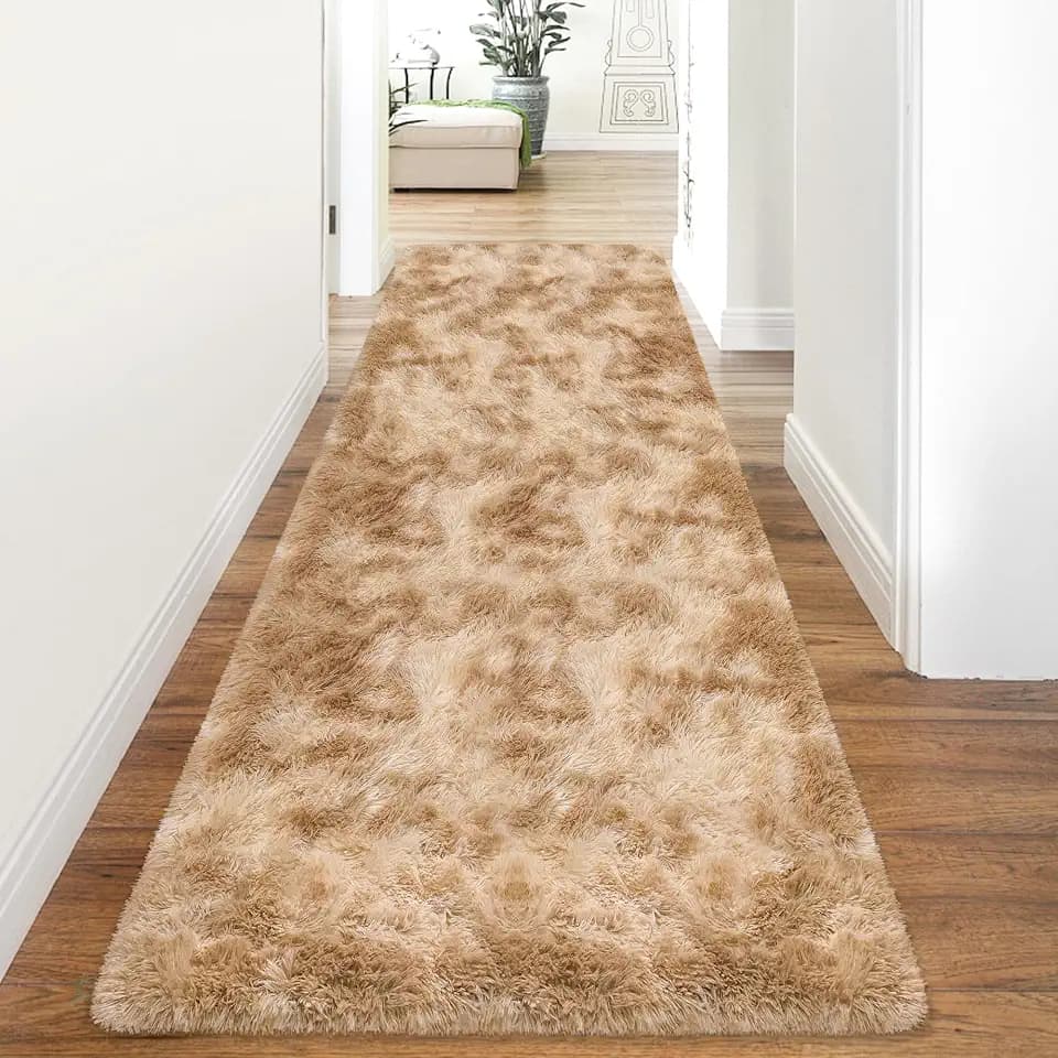 Plush Tie Dyed Light Brown Runner Rug for Bedroom, Soft Fluffy Rug