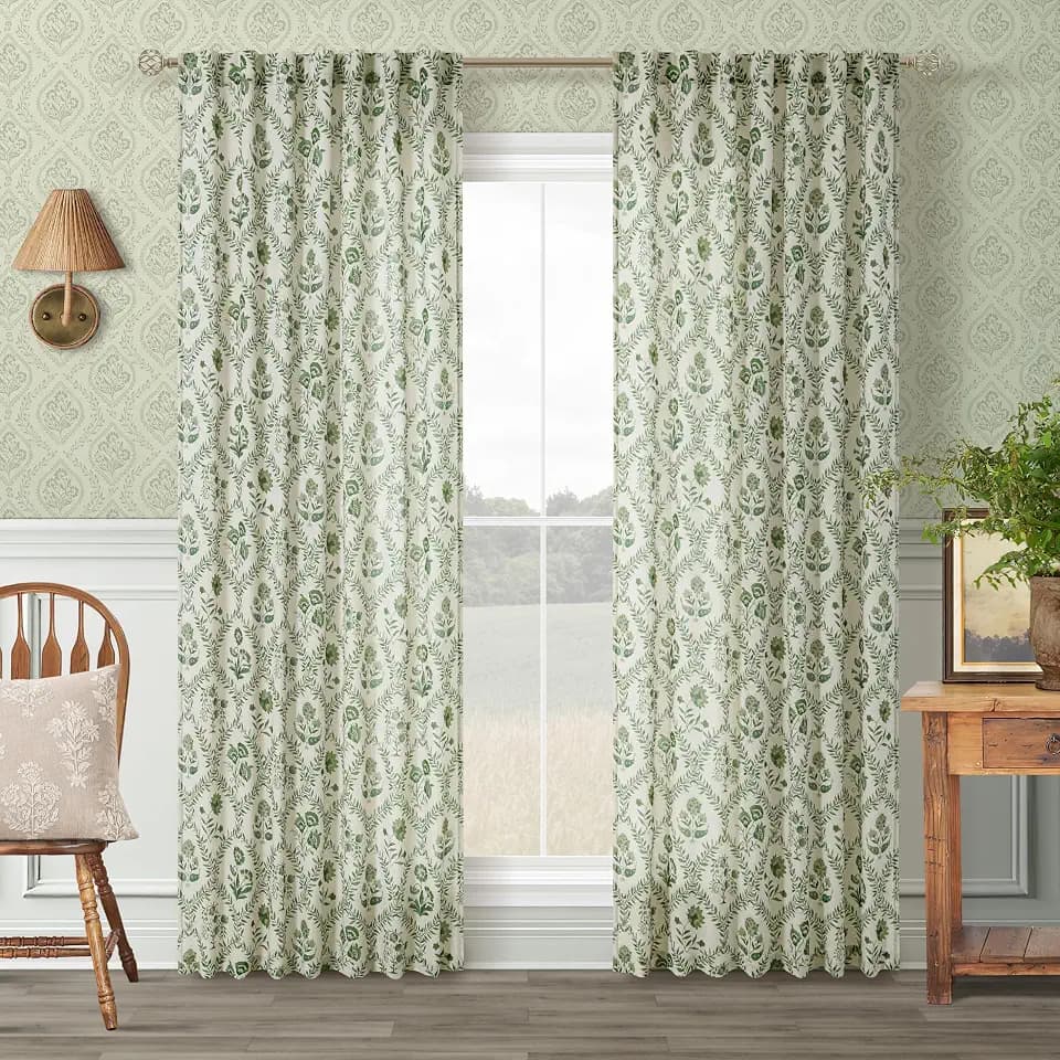 Olive Green Floral Linen Curtains 80 Inch Length 2 Panels for Living Room