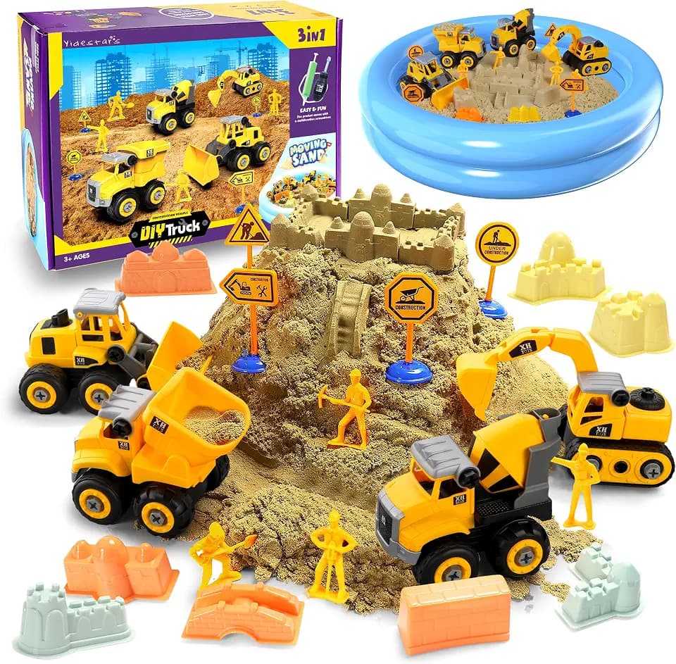 YIDESTARS Construction Sensory Bin Large Take Apart Trucks for Toddlers 3+