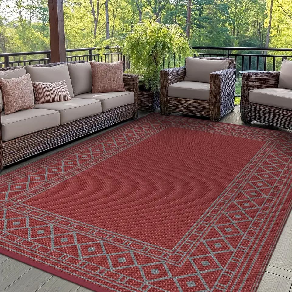 GENIMO Outdoor Rug, Waterproof Plastic Rugs for Patio, 6'x9' Red Grey
