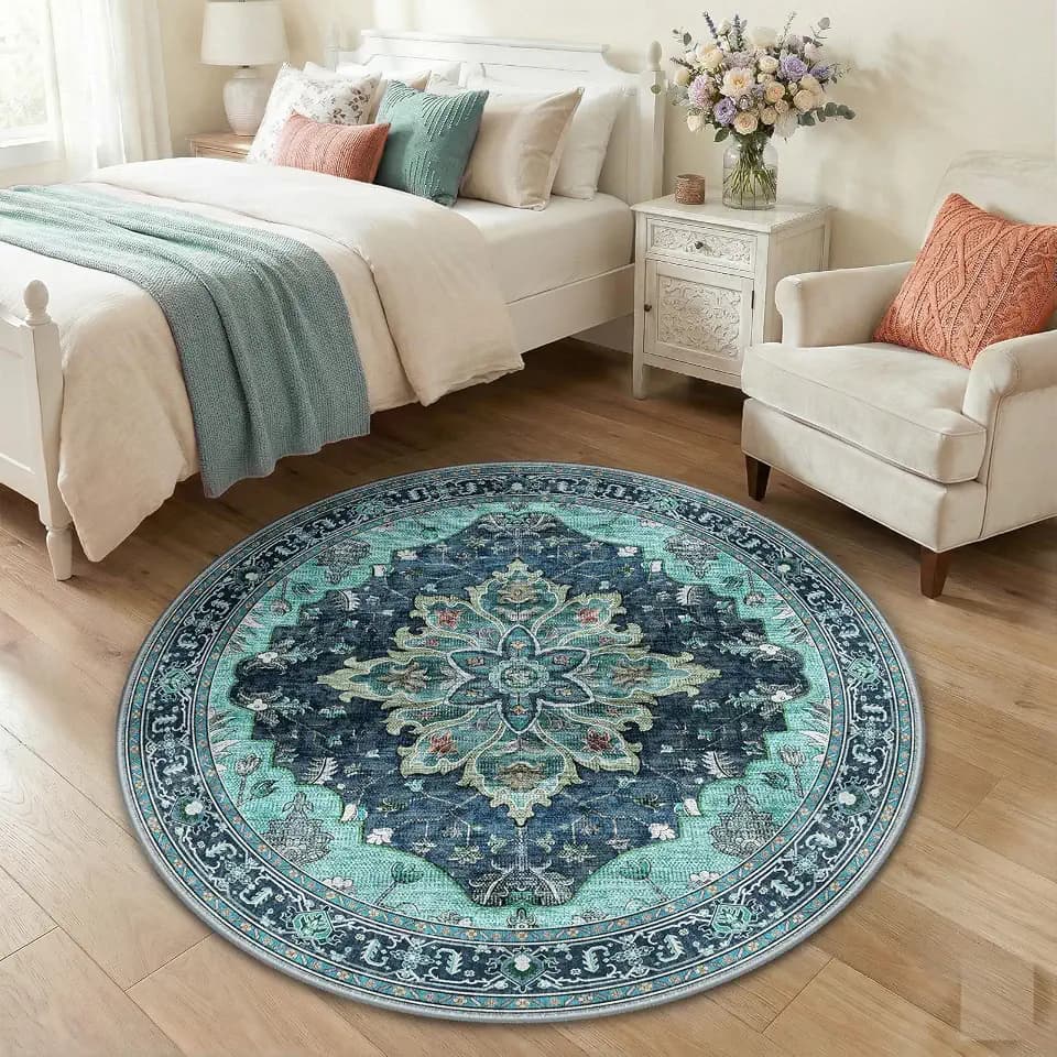 RELEANY Washable Area Rug, Round 4ft, Teal