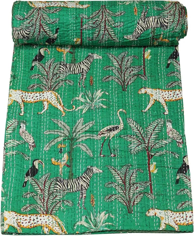 Marubhumi Indian Traditional Pure Cotton Jungle Print Kantha Quilt, Bed Cover Throw Animal Printed Kantha Quilts Multi Color (Green, Twin (60"x 90"))