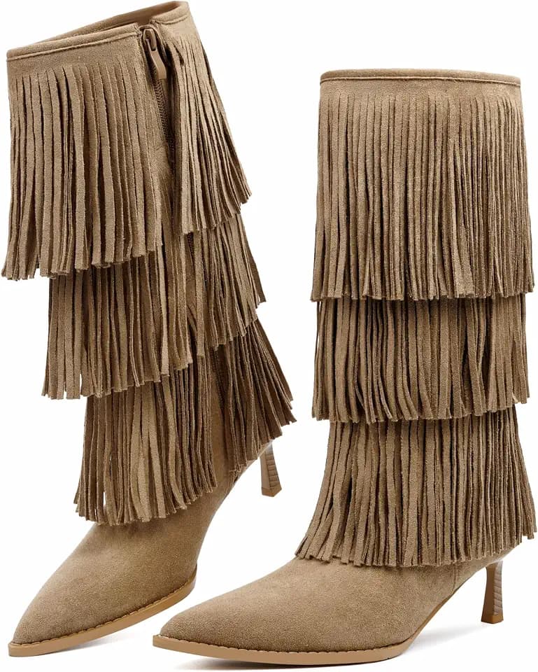 Vertundy Women's Fringe Boots Kitten Heel Pointed Toe Suede Boots