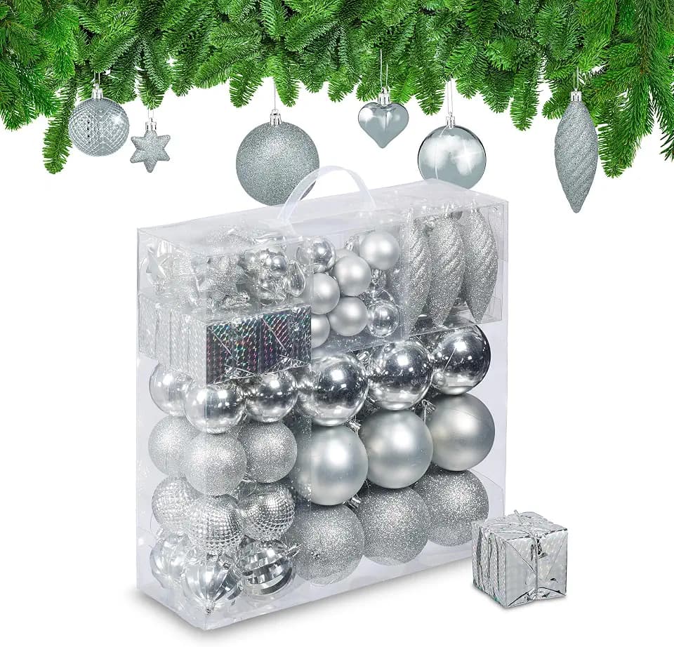 Relaxdays Weihnachtskugeln 110er Set, Kunststoff, Weihnachtsbaumdeko mit Kugeln & Lametta, Christbaumschmuck, Farbwahl
