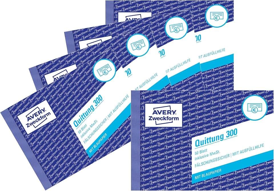 Avery Zweckform 300-5 Quittungsblock (A6 quer, 50 Blatt, fälschungssicher, inkl. MwSt., mit 1 Blatt Blaupapier, für Deutschland und Österreich) 5er Pack weiß