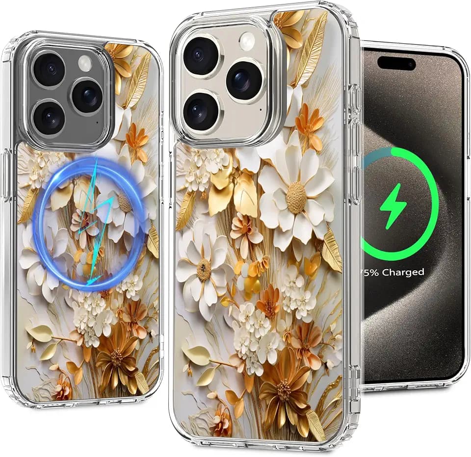 Magnetic Clear Case for iPhone 15 Pro, Floral Pattern Design for Women Girls Slim Shockproof Flower Protective Bumper Non-Yellow MagSafe Case, 6.1” (Pic 23)