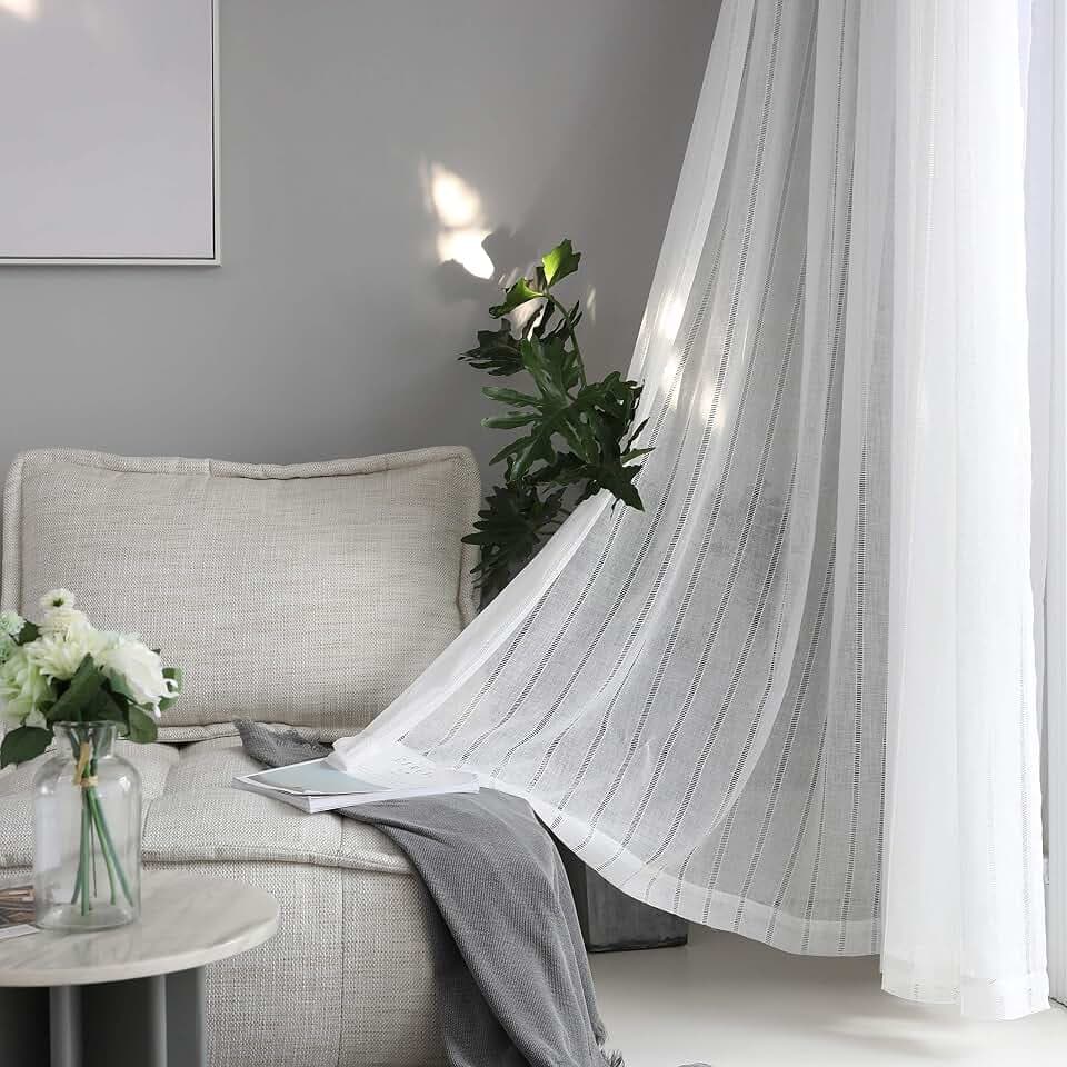 Home Brilliant White Curtains Semi Sheer Curtain Panels Stripes Window Treatments for Bedroom Living Room, 2 Panels, 54" x 72 inches Long