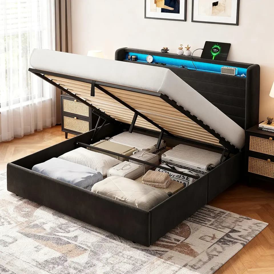 Feonase Bett 160x200 mit Stauraum Kopfteil & Hydraulischem Stauraum, Polsterbett 160x200cm Doppelbett mit Velous Kopfteil, Bettgestell mit Lattenrost, Ohne Matratze, Dunkelgrau