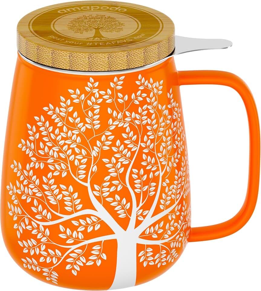 amapodo Teetasse mit Deckel und Sieb - 600ml Porzellan Tee Tasse groß - Jumbotasse - XXL Tea Cup Set Orange - plastikfrei