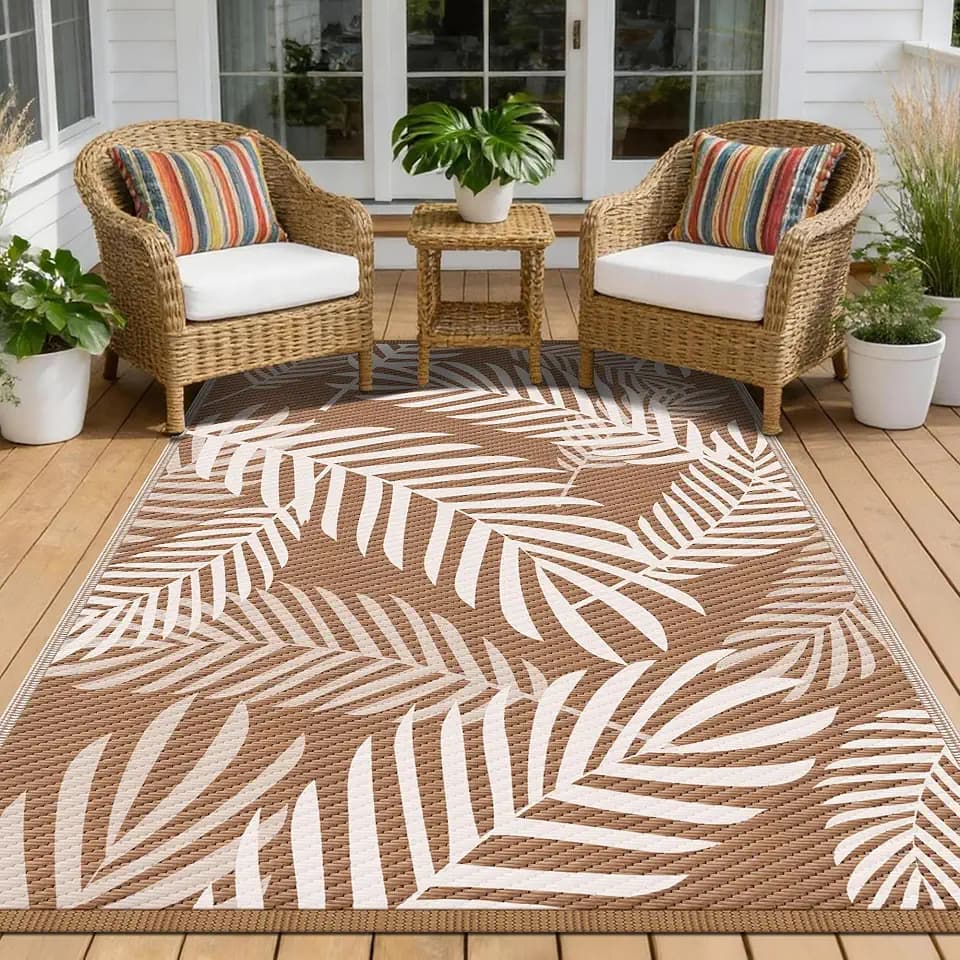 Kohree Outdoor Rug Waterproof 8x10, Reversible Outdoor Plastic Straw Rug with Leaf Pattern, Easy-Cleaning RV Mat Carpet for for Patio, Camping, Balcony, Deck, Backyard, Brown & Beige