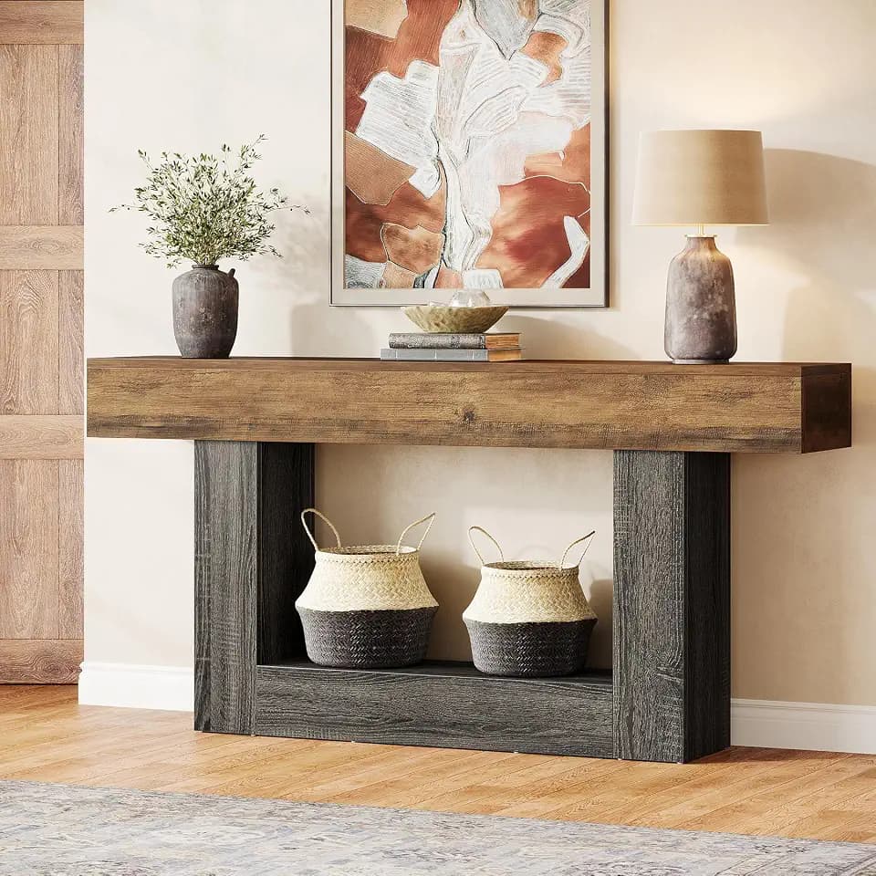 Tribesigns Konsolentisch, 160 cm lang, 2-stöckiger Eingangstisch, Sofatisch mit Stauraum, Bauernhaus-Holz hinter Couchtisch für Wohnzimmer, Flur (rustikales Braun und Grau)
