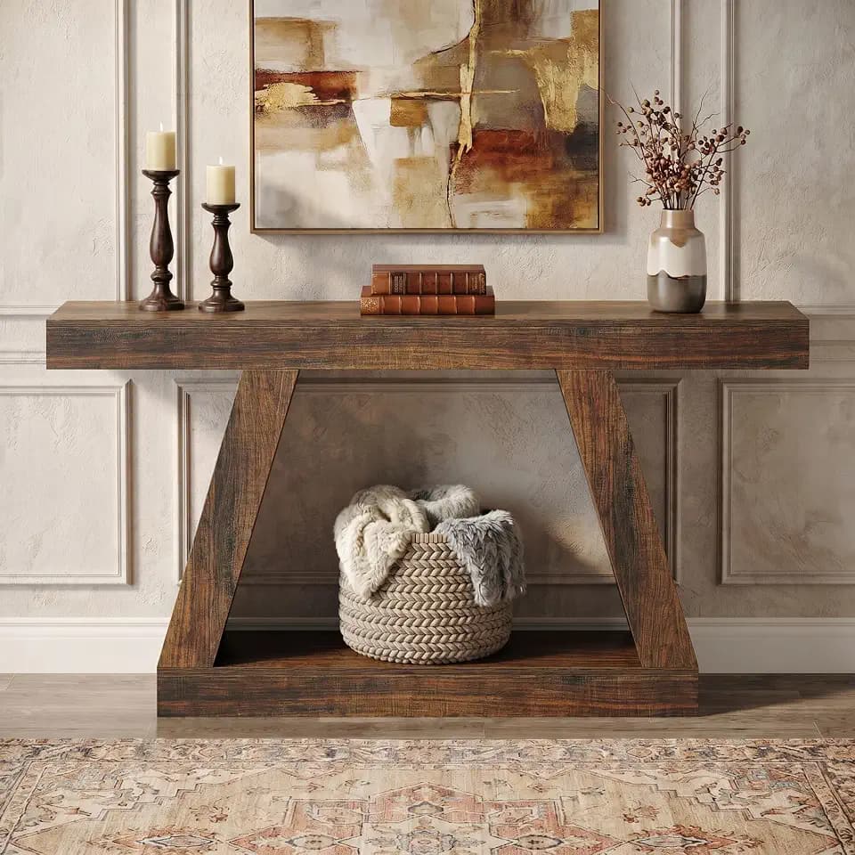 LITTLE TREE 55-Inch Farmhouse Console Table, Rectangular Wooden Entryway Table with Storage, Narrow Long Sofa Table for Living Room, Hallway, Office, Home Furniture, Dark Brown