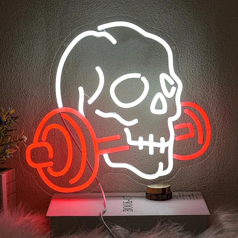 Skull Barbell Halloween Neon Sign for Wall Decor Halloween Neon Light Red Barbell Neon Light Sign Gym LED Sign for Halloween Gym Game Room Man Caves Bar Fitness Club Decoration