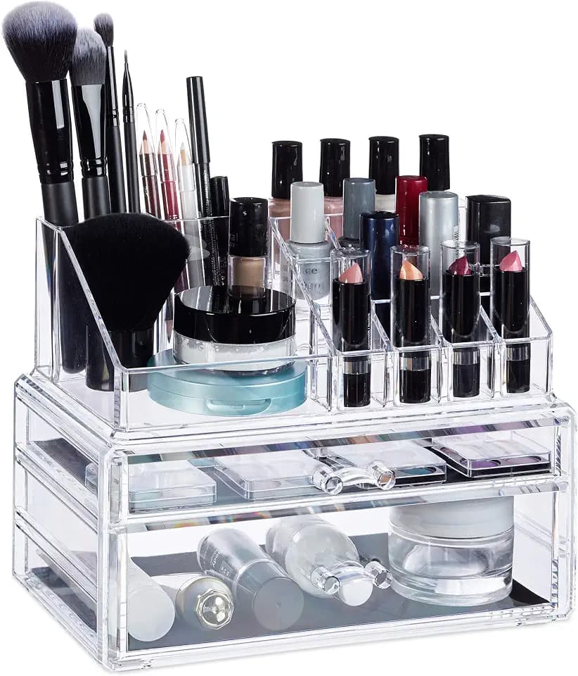 Relaxdays Make-Up Organizer mit 2 Schubladen, transparent