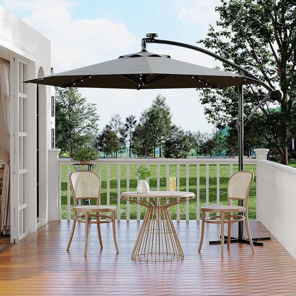 Garvee 10FT Solar Lights Offset Patio Umbrella with Cross Base, Cantilever Umbrella with Easy Lift & Tilt Adjustment, 8 Ribs Sun umbrella UV Protection for Backyard, Pool, Garden, Gray