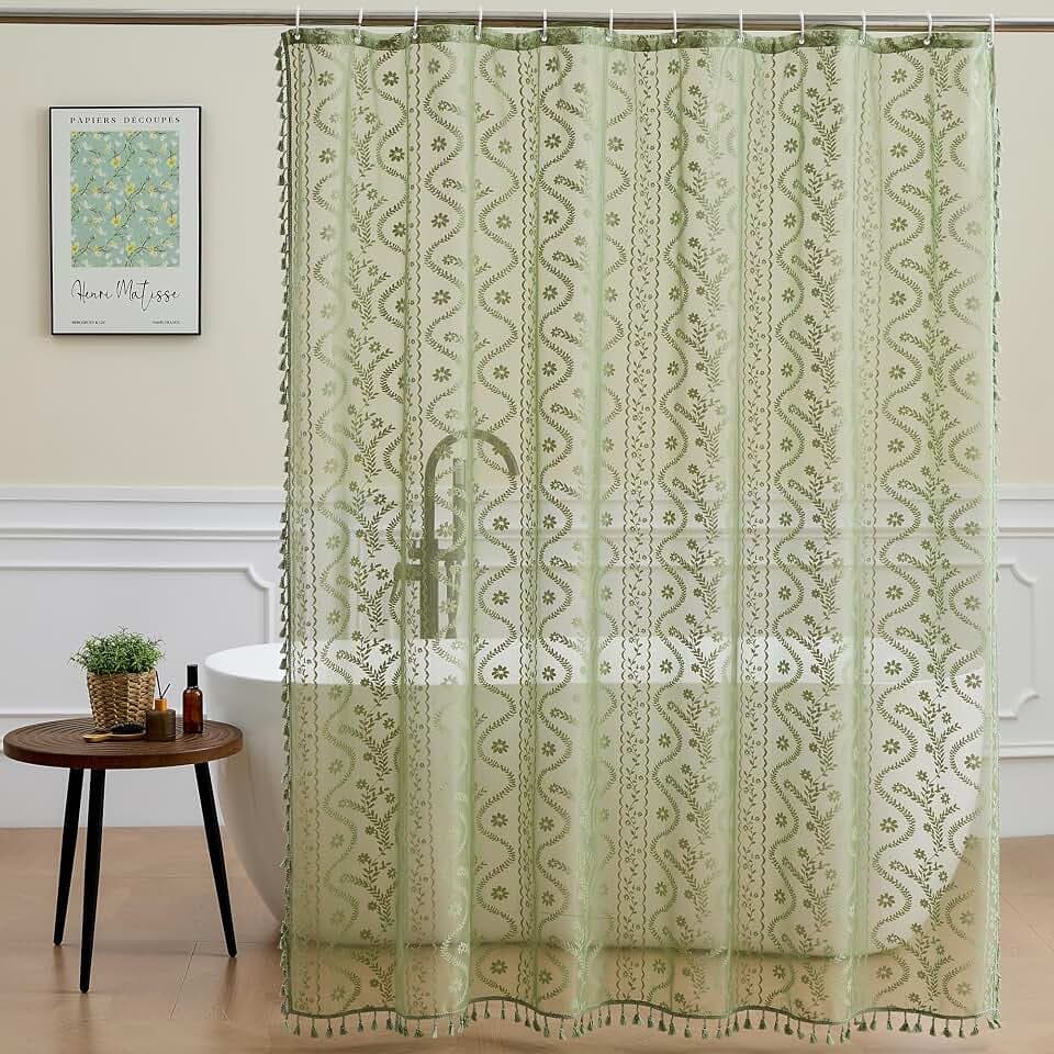 WAZZIO Sage Green Lace Shower Curtain,Boho Chic Shower Curtain,72 x 84 in