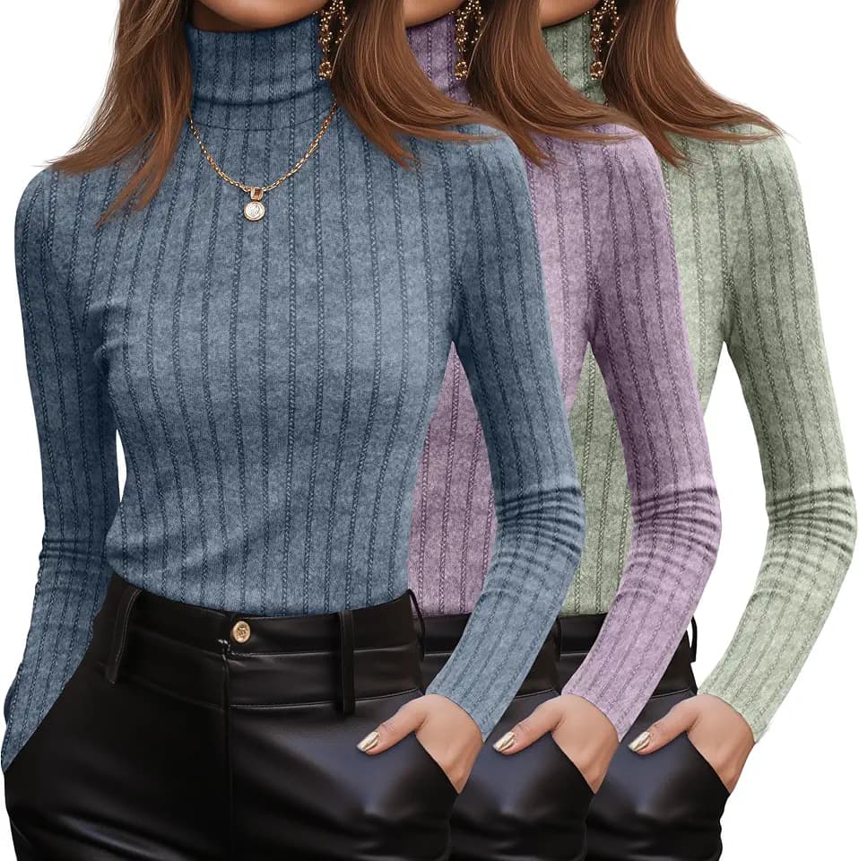 Oakgarden 3 Pack Women's Turtleneck Long Sleeve Tops Ribbed Knit