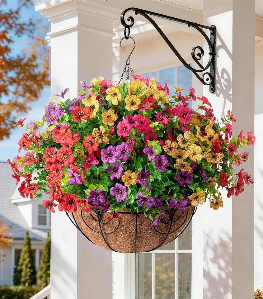 HyeFlora Artificial Faux Hanging Plants Flowers Basket for Summer Outdoor Outside Decoration, Fake Silk UV Sun Resistant Look Real Colorful Daisy Eucalyptus for Porch Home Patio Balcony Yard