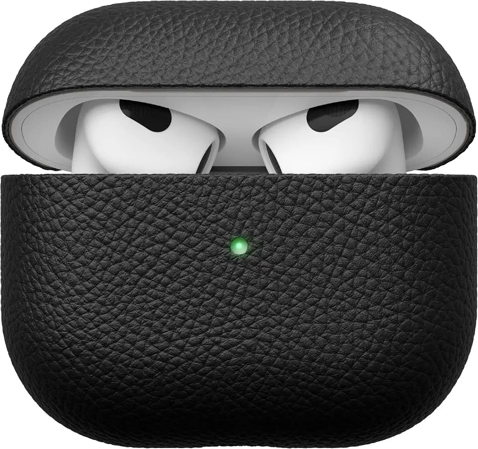 KeyBudz Artisan Leder Schutzhülle für Apple AirPods 3 Case, Etui, Ledertasche Echtleder, Kopfhörer Ohrhörer Zubehör, schwarz