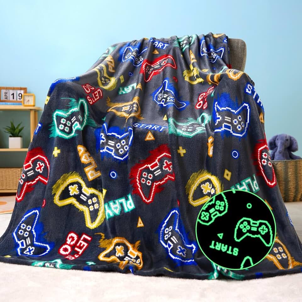 Joiedomi Glow in The Dark Blanket, Gifts Toys for Girls Boys Age 2 3 4 5 6 7 8 9 10 11 12 Year Old, Soft Cozy Flannel Kids Throw Blanket, Birthday Bedroom Decor, Grey Gaming, 50" x 60"