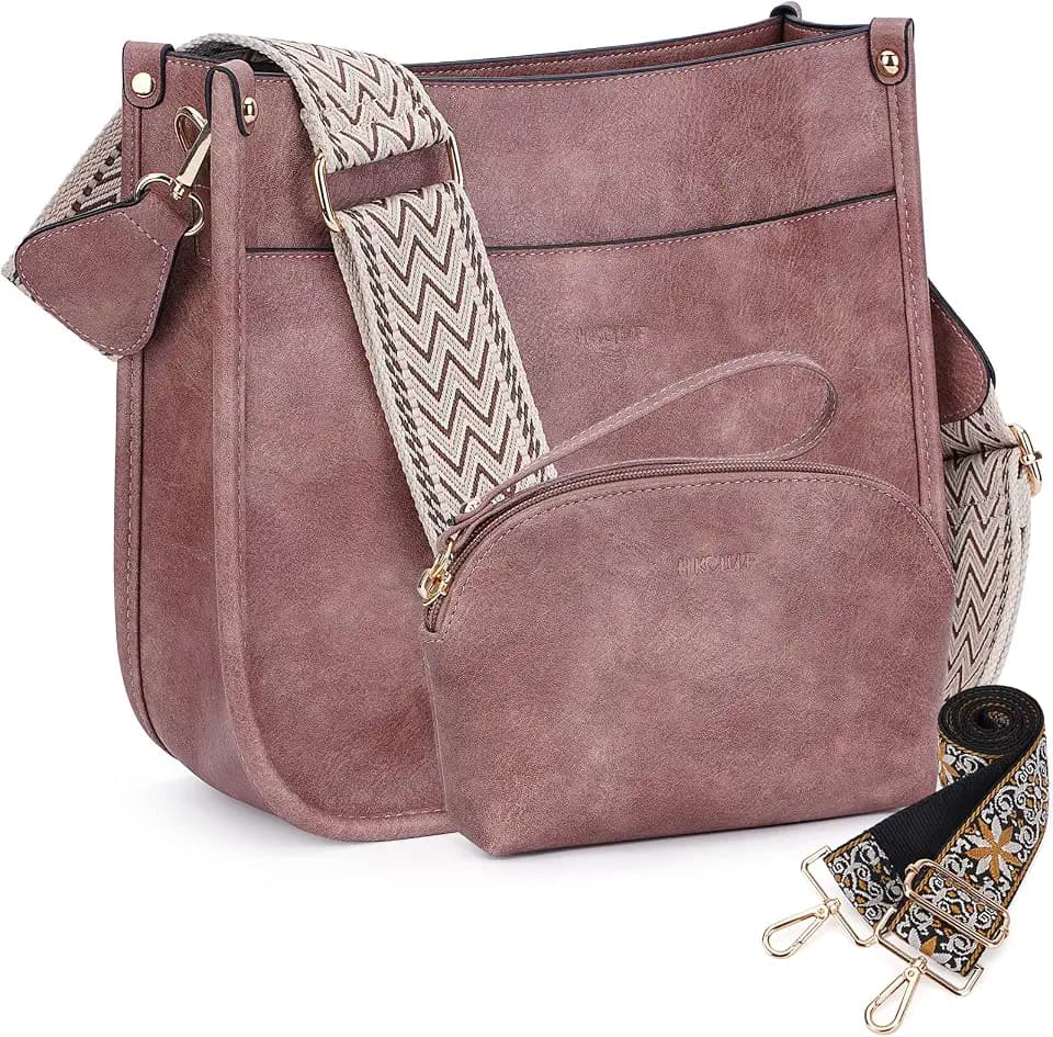 HKCLUF Crossbody Bag Purse for Women 2PCS/Set Leather Hobo Handbag Wallet Set With 2Adjustable Guitar Strap Shoulder Bag