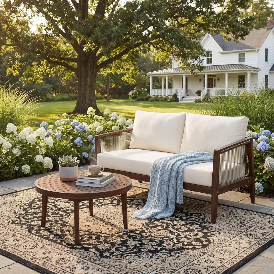 Christopher Knight Home Lalulu Outdoor Loveseat Sofa and Coffee Table Set, Acacia Wood Patio Furniture Set with Cushion, Solid Wood Outdoor Conversation Set, Dark Brown+Beige